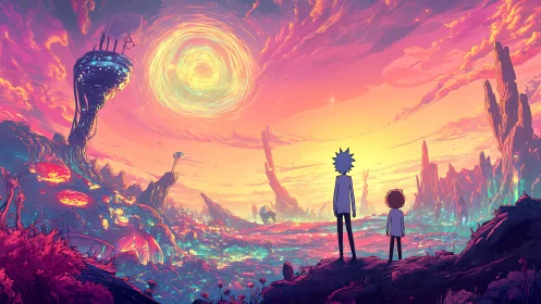 Sunset stroll through a neon alien dreamscape together.