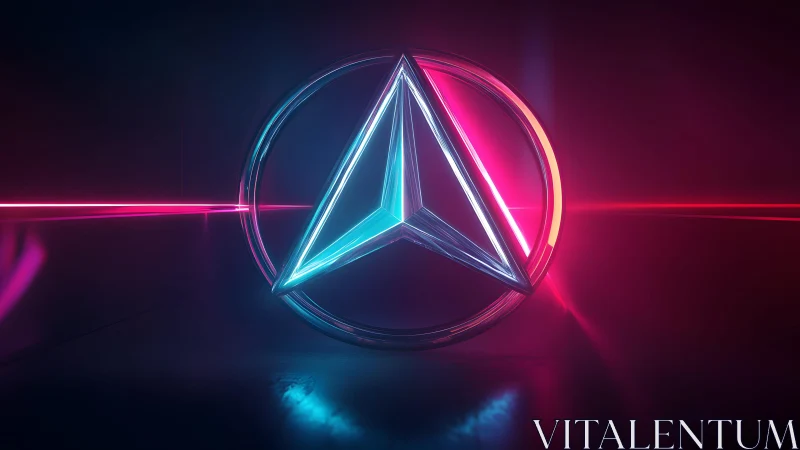 Futuristic neon geometric logo in glowing blue and pink environment.