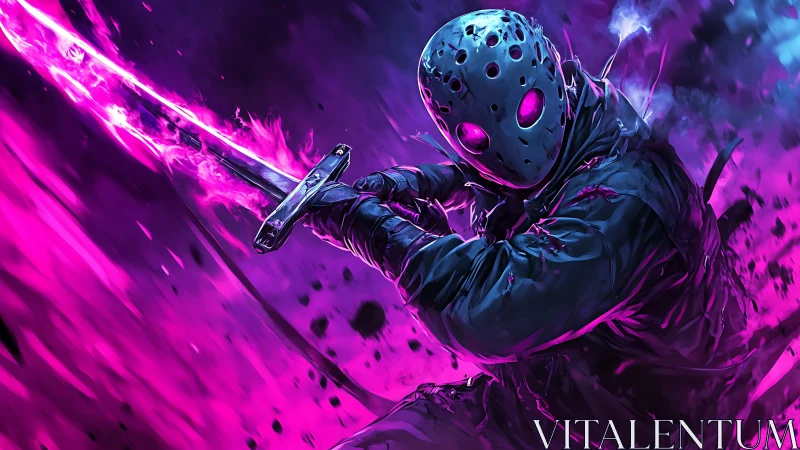 Masked figure holds glowing sword in high-contrast neon field