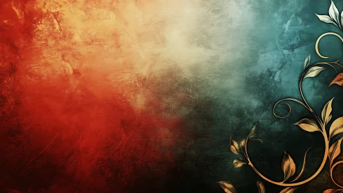 Floral scrollwork on red to teal textured gradient background.