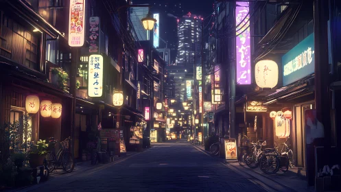 Neon-lit Japanese alleyway rendered in cinematic digital night