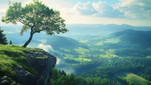 Lone tree crowns a sunlit cliff above misty green valley.