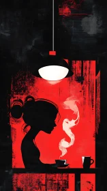 High-contrast café silhouette under suspended luminaire glow.