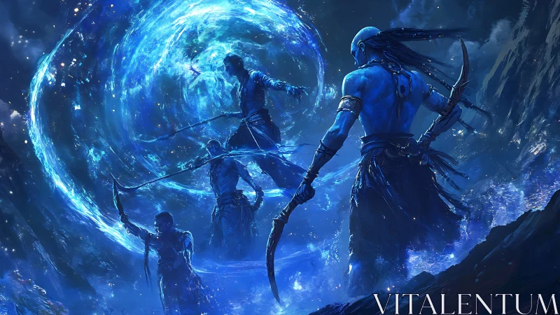 Blue humanoid warriors near glowing vortex in rocky landscape.