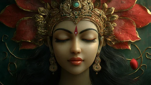 Divine goddess portrait with ornate golden crown and lotus halo