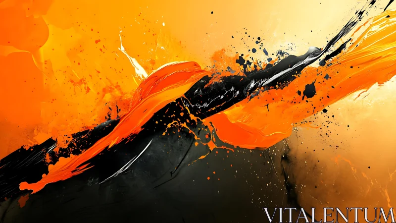 Dynamic Abstract Painting with Bold Orange and Black Brushstrokes.