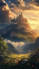 Sunlit mountain citadel crowns misty fantasy valley.