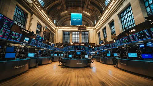 High-resolution trading floor interior with LED ticker arrays