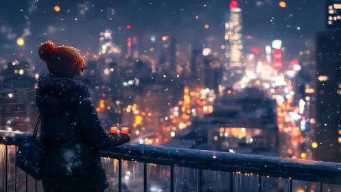 Snowy rooftop gaze softens the glow of winter city lights