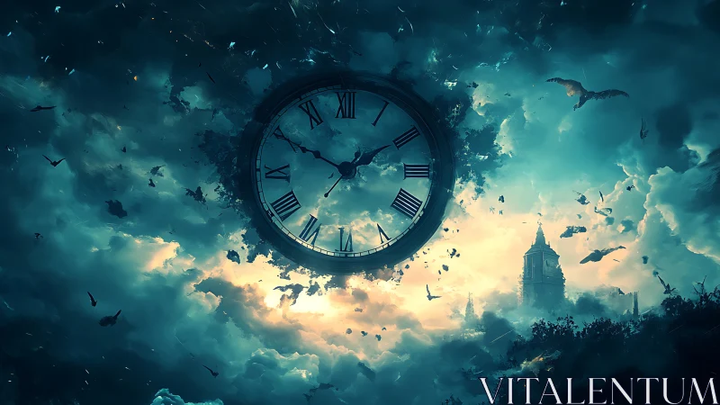 Giant clock floats in storm-torn sky over distant tower