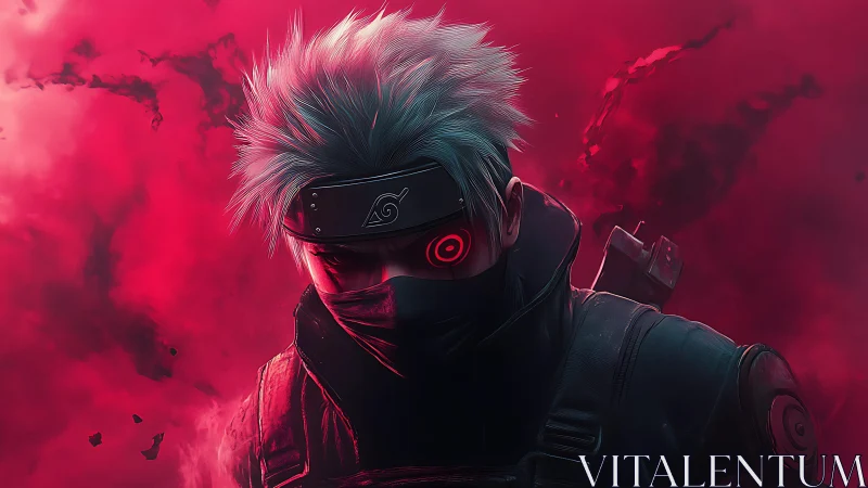 Cybernetic shinobi profile in crimson volumetric fog field.