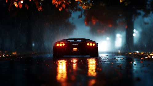 Sleek sports car glowing through a rainy autumn night street.