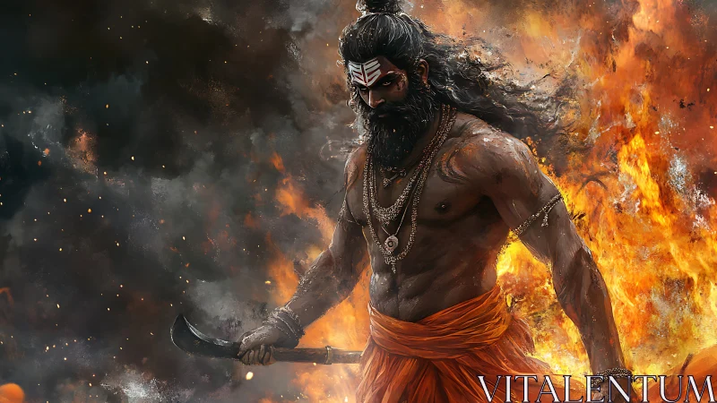 Fire-wreathed warrior sage strides through storming embers