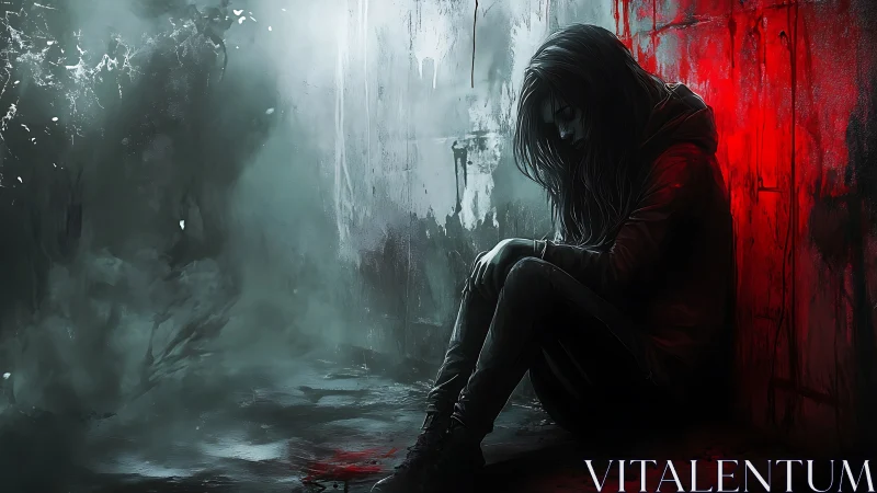 Solitary girl in red-lit alleyway embraces quiet despair