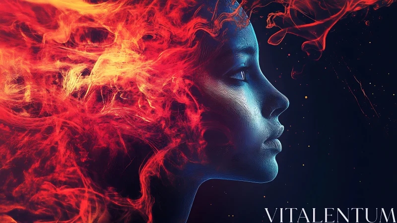 Digital Head Profile with Fiery Energy Burst.