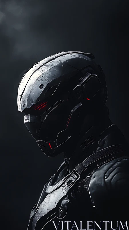 Silent chrome sentinel in shadowed futuristic armor.