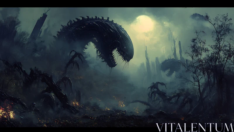 Moonlit biomechanical leviathans loom over a haunted valley