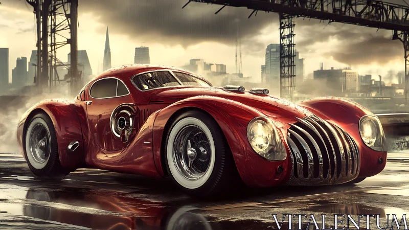 Streamlined retro-futurist coupe rendered in moody urban rainscape