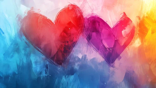 Dual brushstroke hearts with spectral color transition across warm-cool gradient field