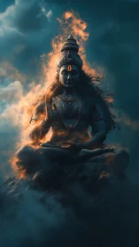 Digital painting of fiery meditative deity in storm clouds.