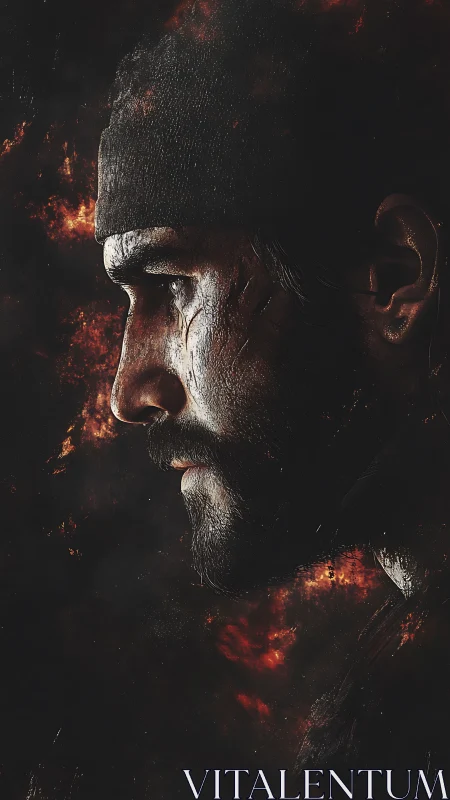 Profile of bearded man in hat against dark ember background.