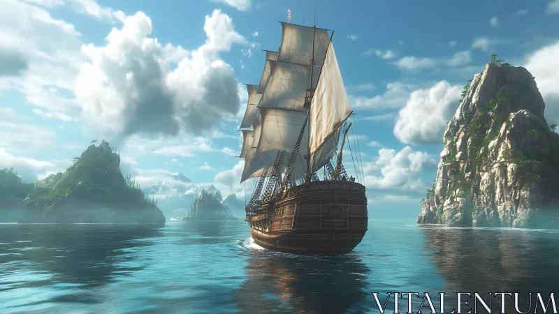 Sailing ship moving between rocky tropical islands at sea.