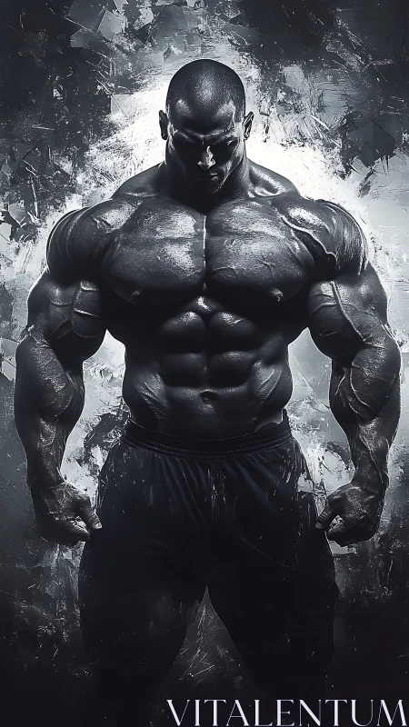 Shadow-forged titan stands in explosive monochrome power.