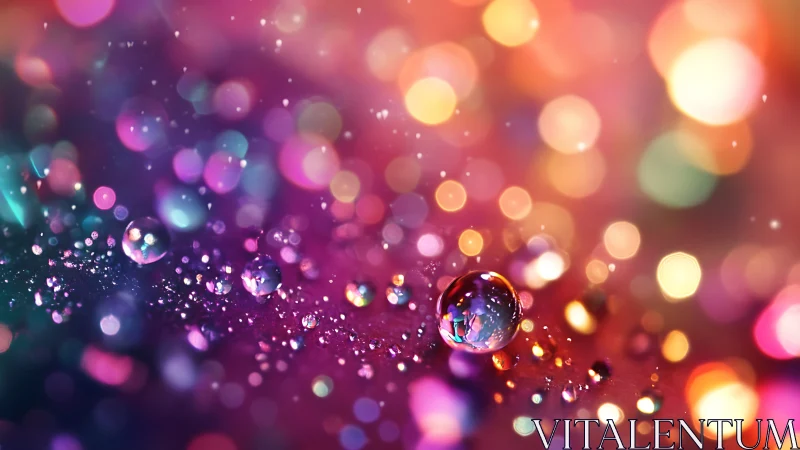Macro rainbow droplets against glowing bokeh lights.