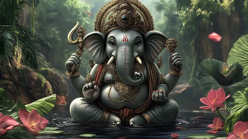 Divine Ganesha idol glows amid lush lotus-filled jungle pool.