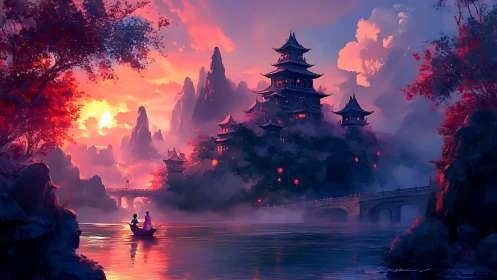 Luminous river approach to tiered mountain citadel at dusk.