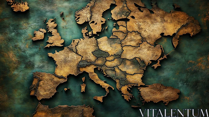 Textured metallic map of Europe glows over a deep teal sea