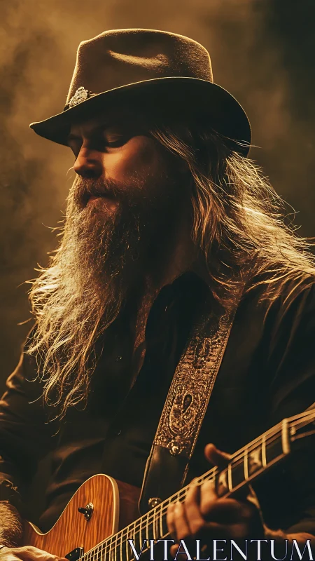 Backlit country guitarist in smoke with hat and electric guitar