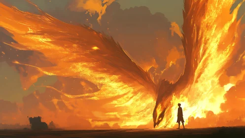 Blazing phoenix descends before lone wanderer at dusk.