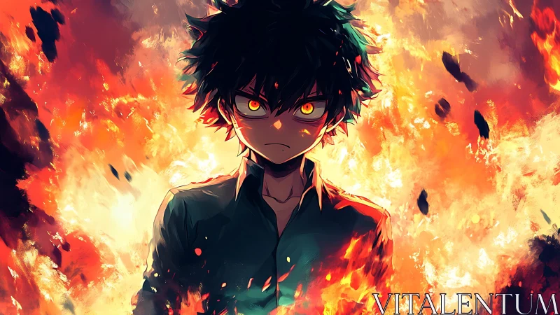 Inferno-eyed prodigy standing unshaken in storming flames.