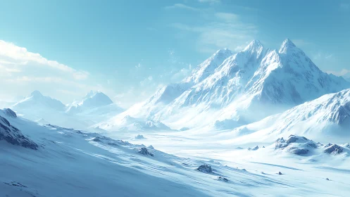 Icy alpine expanse under luminous winter daylight panorama.