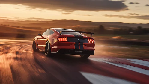 Red sports coupe follows racing line on sunlit circuit
