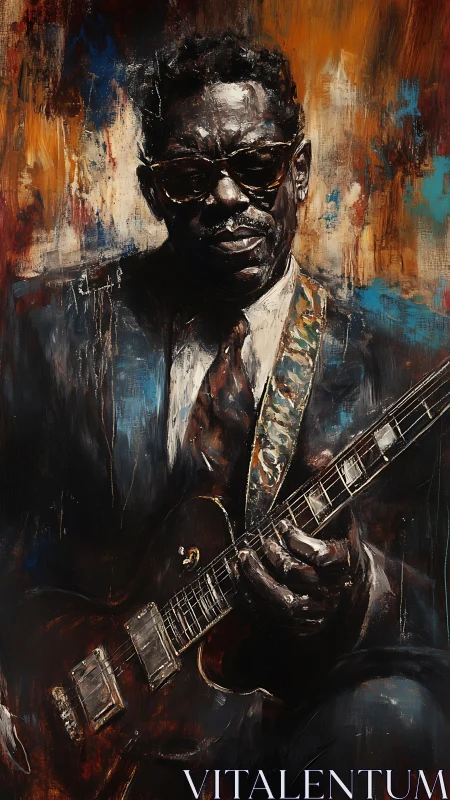 Portrait shows guitarist in suit with electric guitar in hand