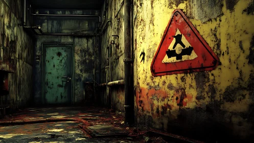 Rusty industrial corridor with hazard sign and steel door.