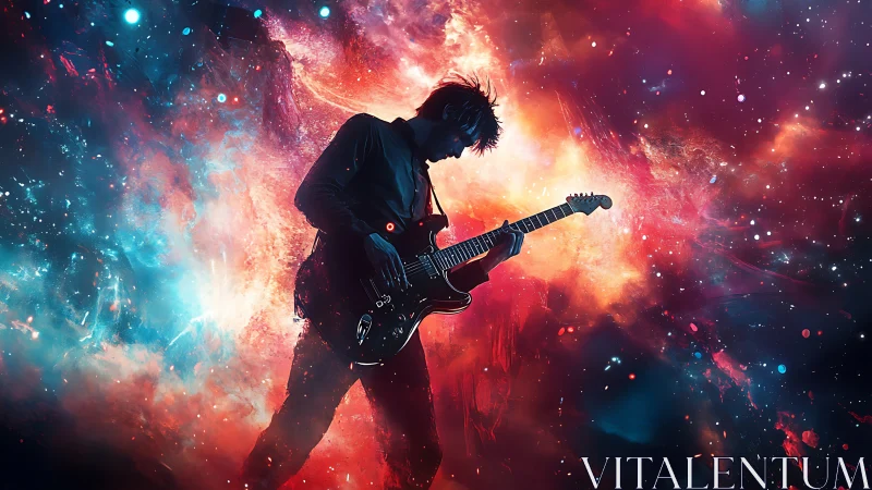 Digital painting of cosmic guitarist silhouette in nebula field.