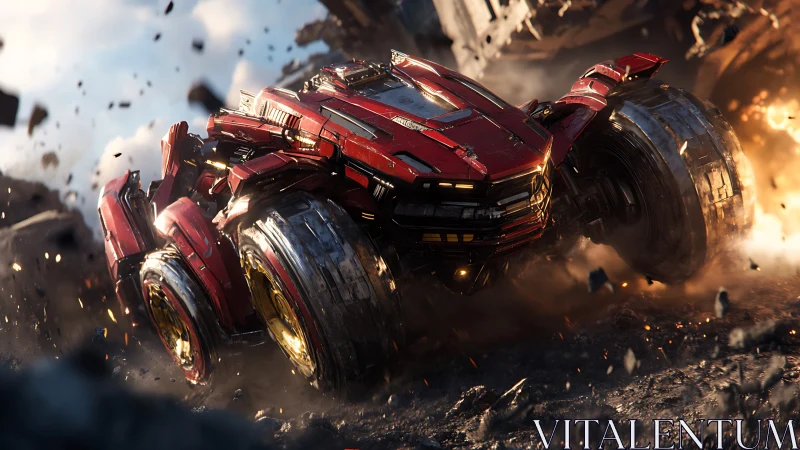 Roaring red rover charging through a blazing rocky battlefield.