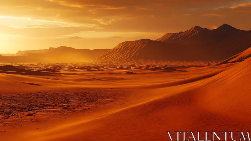 Sunlit desert dunes under glowing orange sky at sunset.