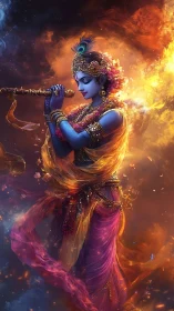 Mythic blue flutist amid volumetric fire and nebular bloom.