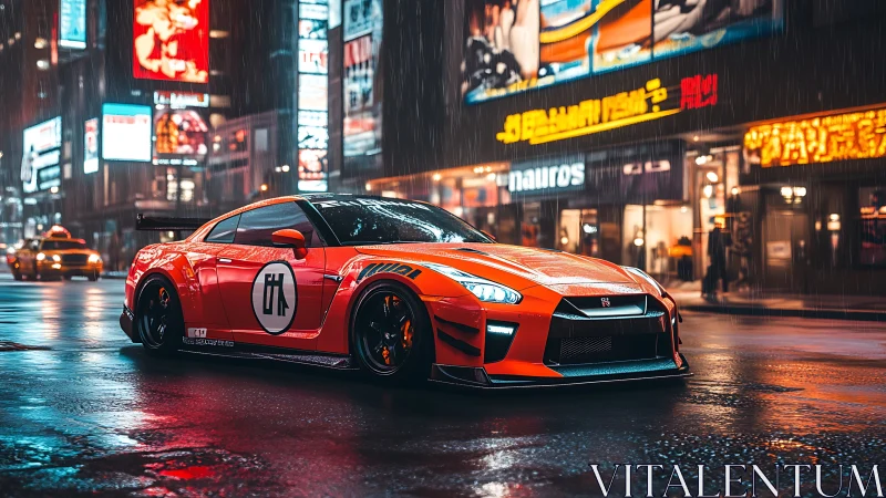 Modified orange sports coupe on wet neon city street at night.