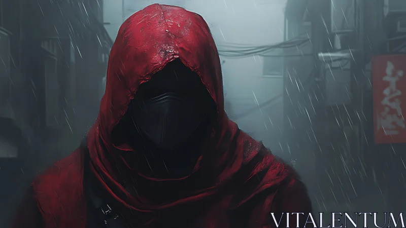 Mysterious red hooded wanderer in a rainy neon alleyway.