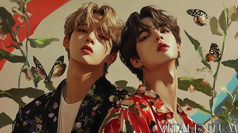 Stylized twin portraits with butterflies and floral shirts.