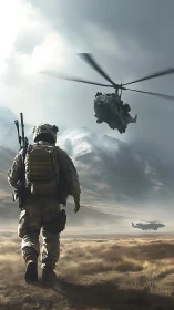 Lone soldier strides toward roaring helicopters and steel peaks.