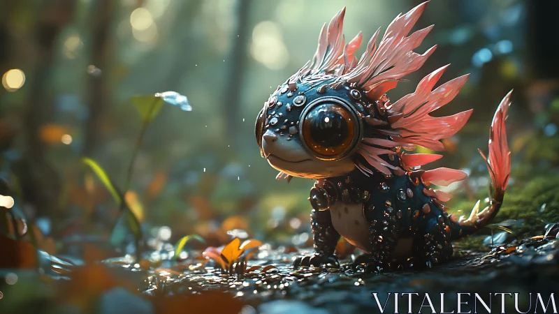 Small amphibious creature with coral appendages stands in forest