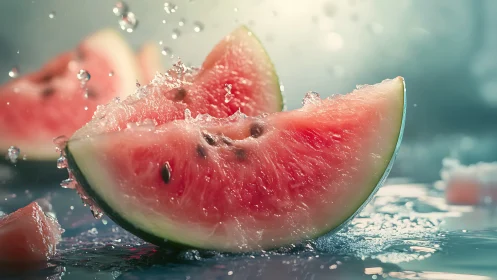Juicy watermelon wedges with water splashes in close focus.