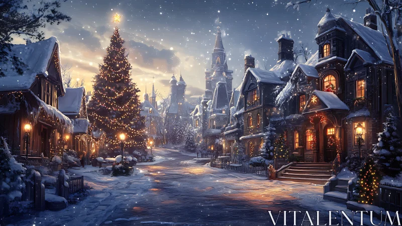 Snowy village street under glowing Christmas tree lights.