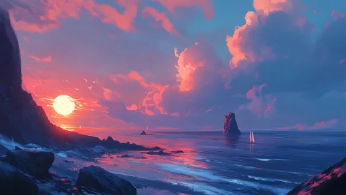 Radiant seascape captures neon sunset over tranquil bay.